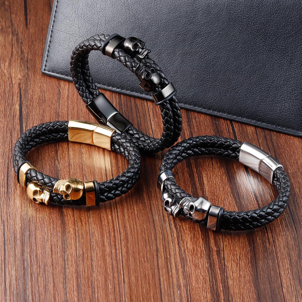 Multi-layer Punk Bracelet Stainless Steel Charm Magnetic Black Leather Men's Skull Braided Bangle Jewelry Homme