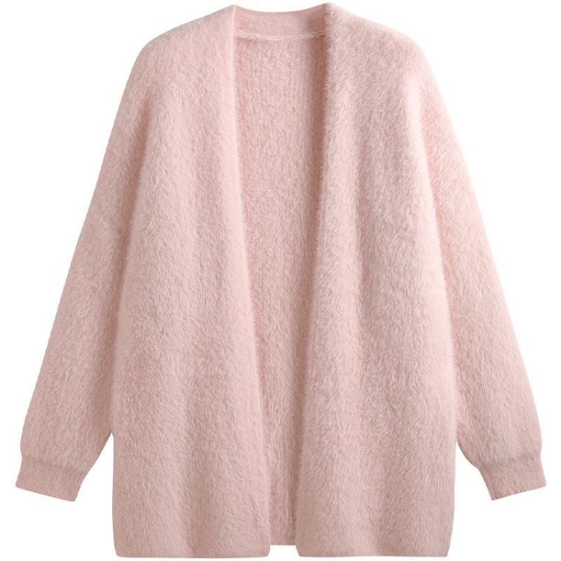 Autumn and winter fashion loose foreign style imitation mink cardigan solid color advanced sense simple medium and long sweater jacket