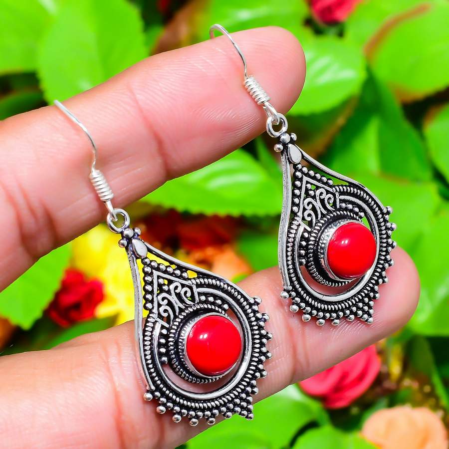 Italian Red Coral Gemstone Handmade 925 Sterling Silver Gift Earring 2.13" C8j59