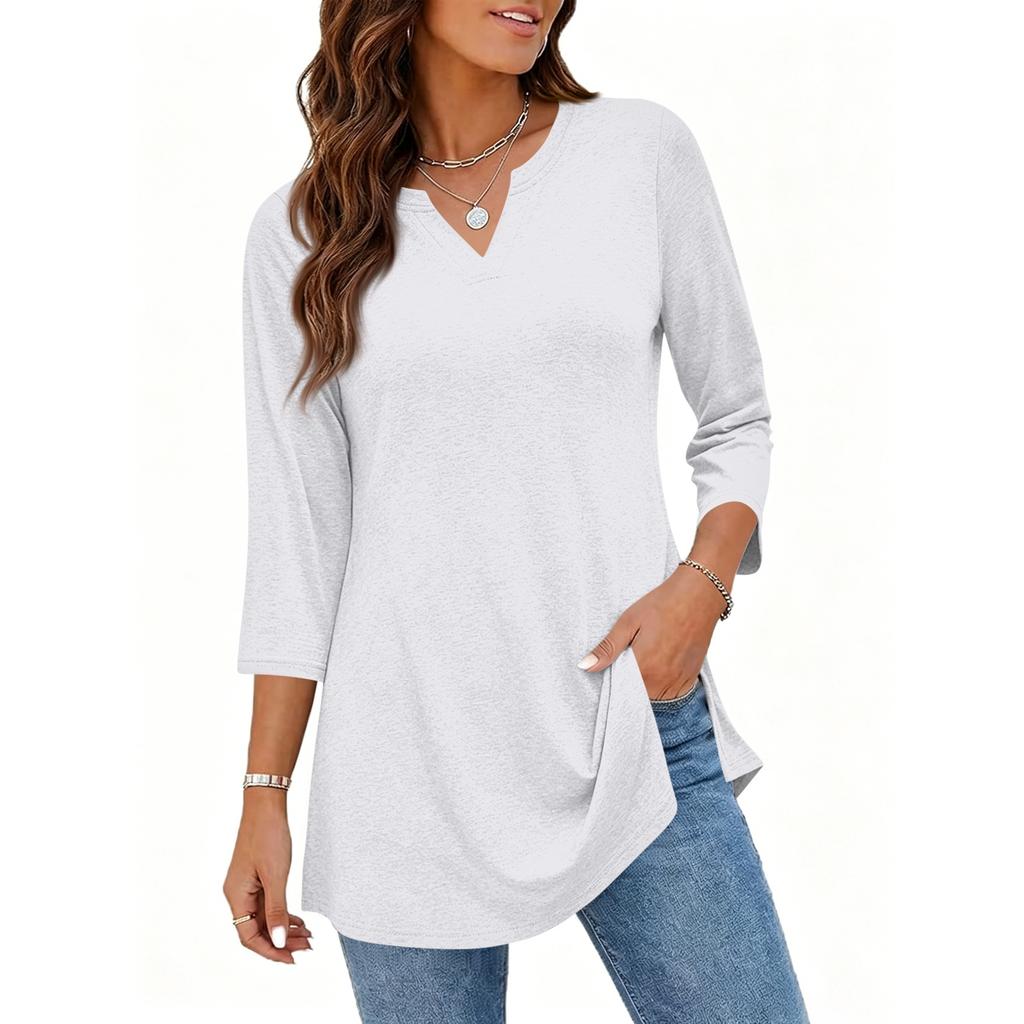 Women's Casual V Neck 3/4 Sleeve Pullover Tunic Top Mid Length Solid Color Comfortable Fit Lightweight Fabric