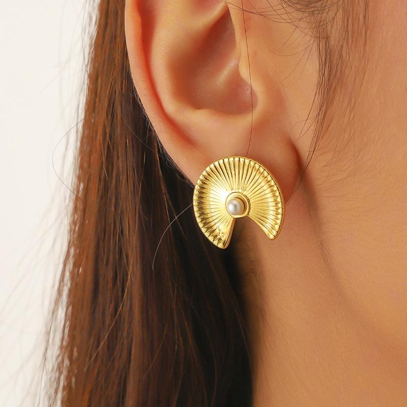 Gold Fan Shaped Stud Earrings with Pearl Center for Women