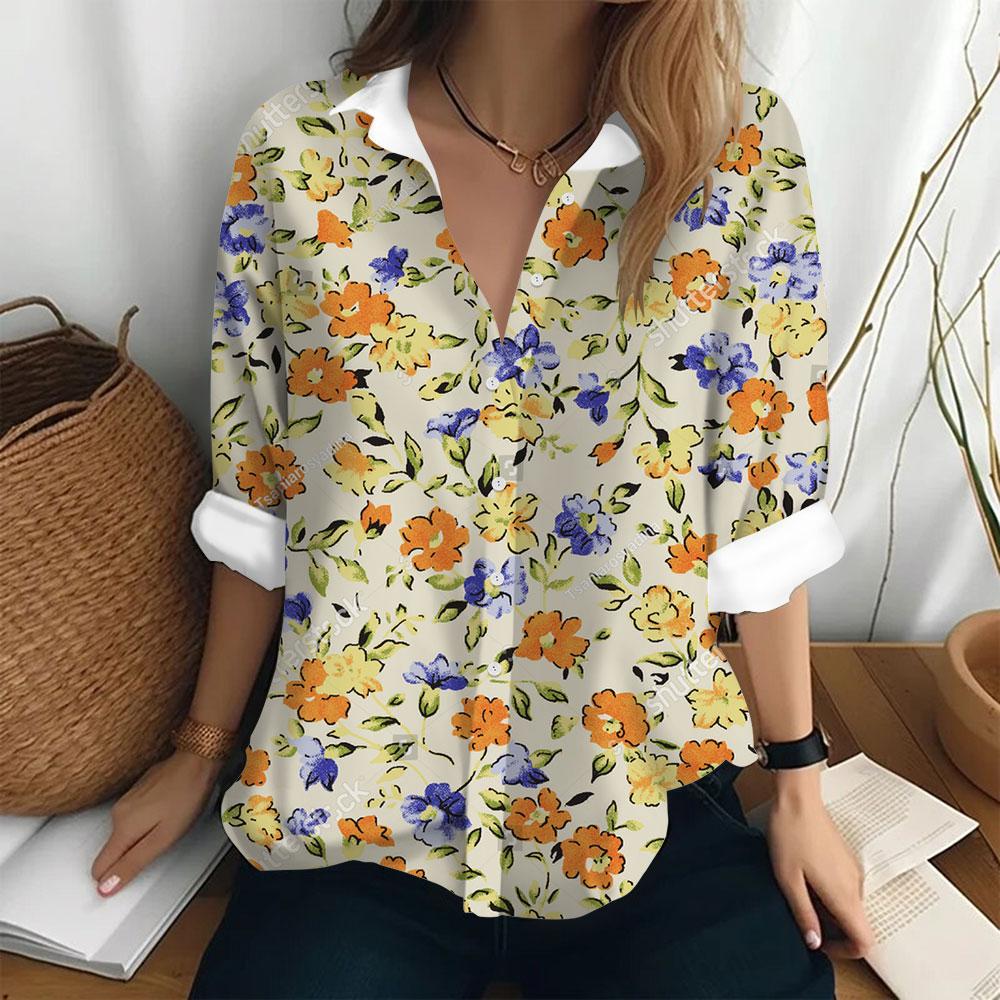 Summer Women's Shirt Long Sleeved Lapel Top Flower Pattern Casual Oversized Button Clothing Women Elegant and Fashionable Shirt