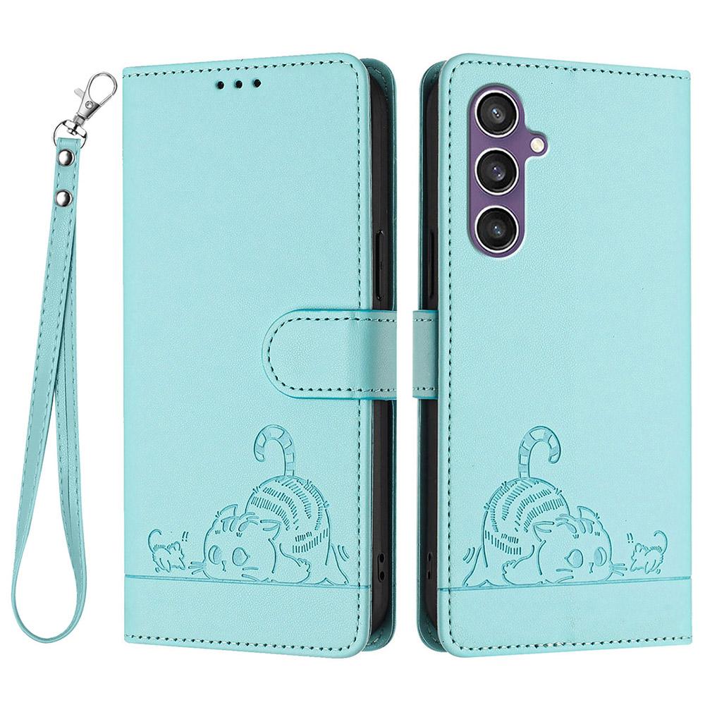 For Samsung Galaxy S23 FE Case with Strap RFID Blocking Leather Wallet Phone Cover Cat Mouse Pattern
