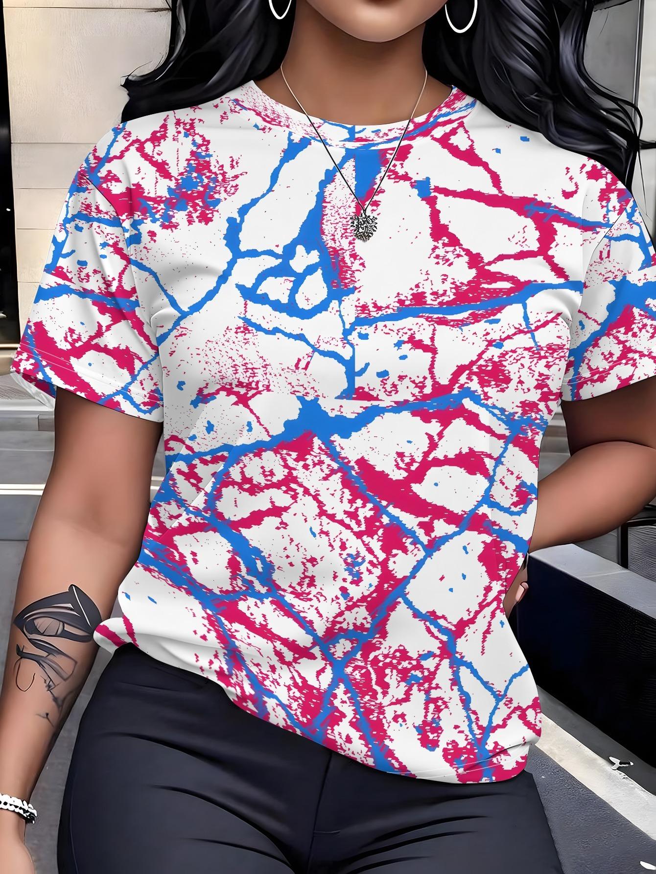 

[Printed Design-Not Textured] White Base Fine Red Blue Contrast Marble Pattern Print Women S Round Neck Short Sleeve Independent Day Exclusive Outfit 2XL