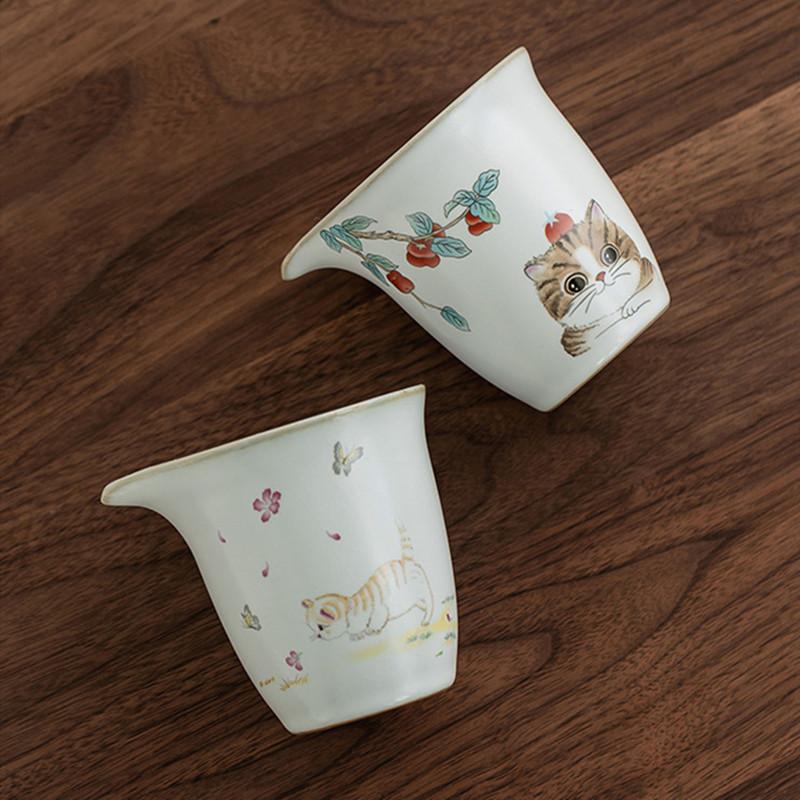 200ml Chinese Tradition Ru Kiln Fair Cup Cute Cat Pattern Ceramic Teacup Beauty Tea Infuser Master Handmade Tea Set Accessories
