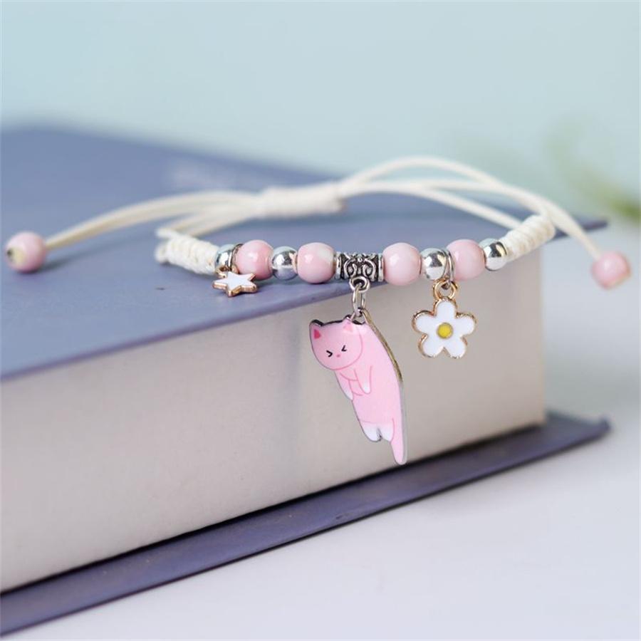 Korean Cute Cartoon Rabbit Flower Pendant Bracelets For Women Girls Fashion Charm Bell Butterfly Cat Bracelet Friendship Jewelry