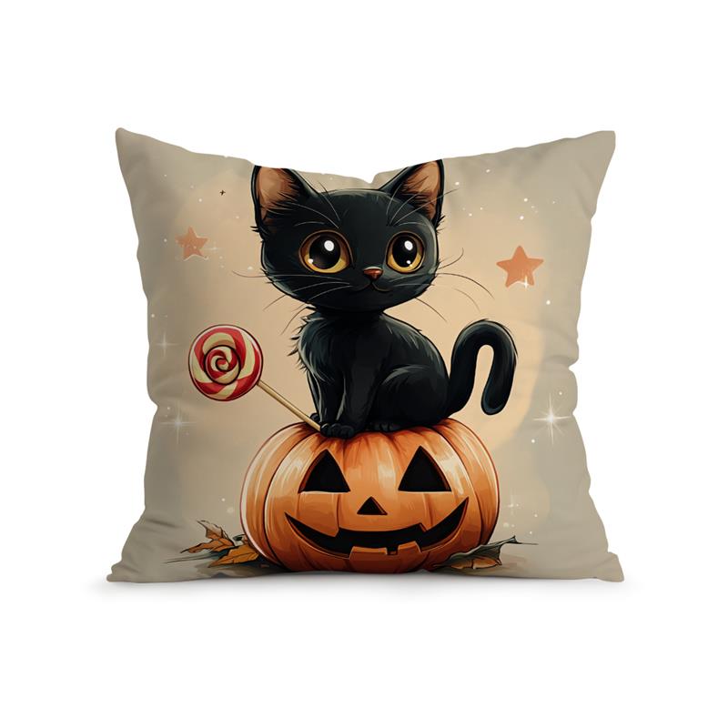 Home Decor Cute Black Cats with Pumpkins and Lollipops Pattern Cushion Cover Suitable for Sofa Bedroom Car Pillow Cover