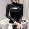 Spring Autumn New Fashion Hot Diamond Mesh T-shirt Women's Long Sleeve Hollow Top Solid Color Half High Neck Bottoming Shirt