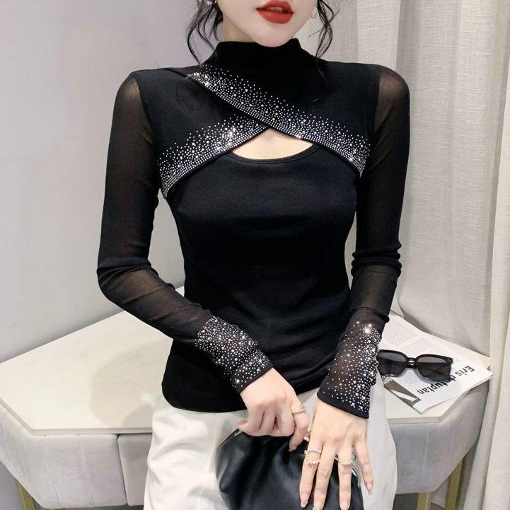 Spring Autumn New Fashion Hot Diamond Mesh T-shirt Women's Long Sleeve Hollow Top Solid Color Half High Neck Bottoming Shirt