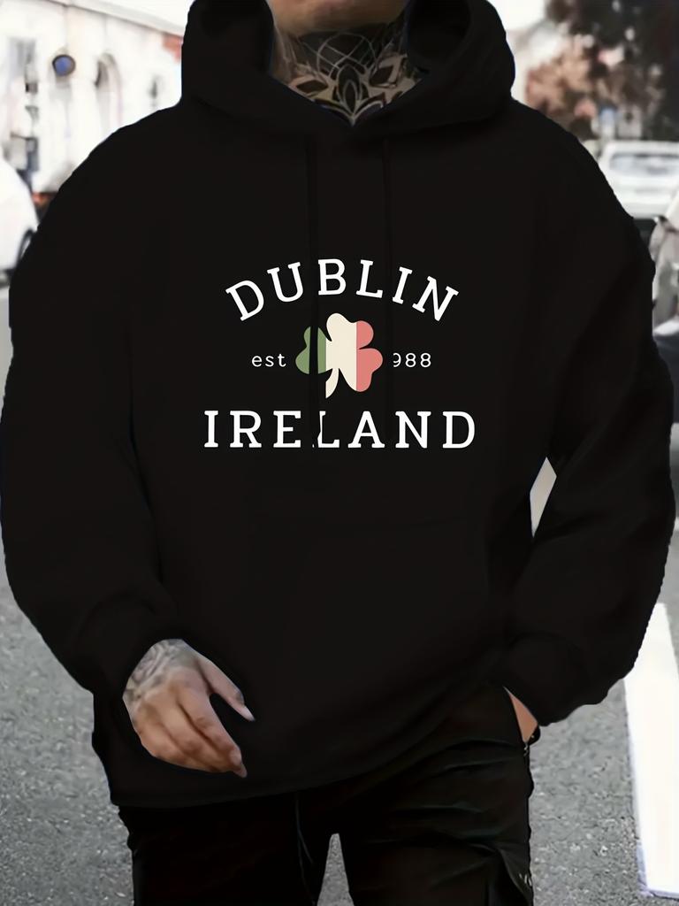 Dublin Ireland Graphic with Geometric Flag Design Regular250g Heavyweight Pullover with Pocket Adjustable Drawstring for Unisex Wa