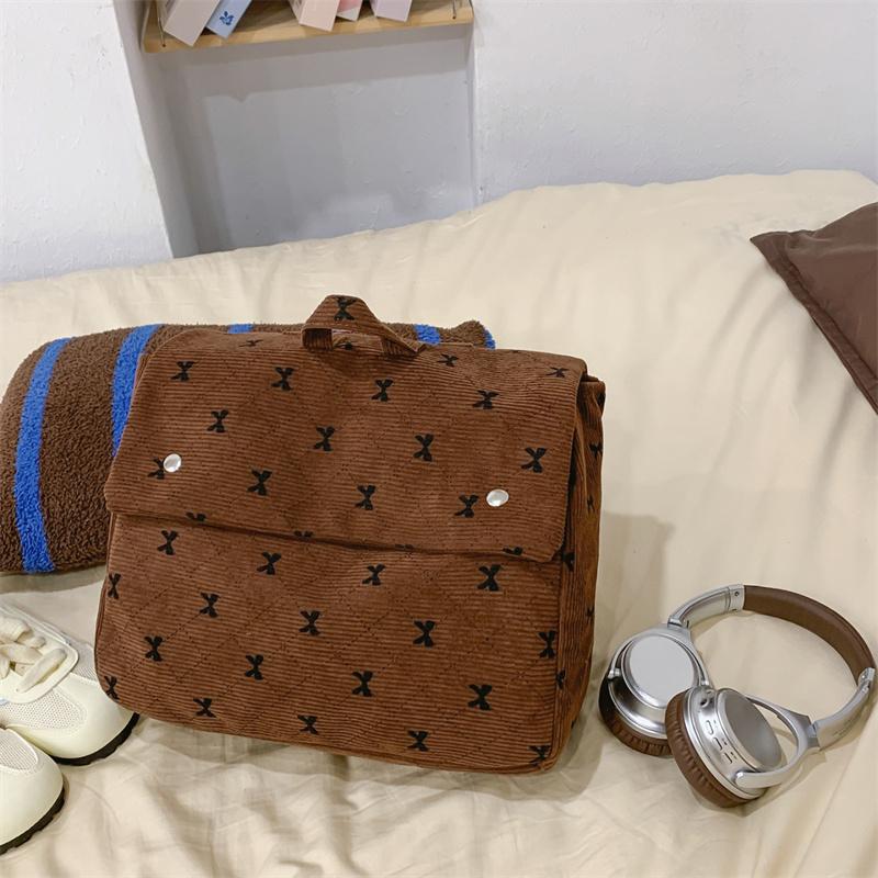 Vintage Corduroy Backpack Women's Bow Print Large Capacity Backpack
