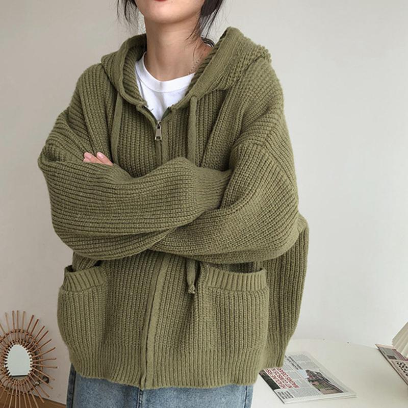 Dámský volný svetr s kapucí Cardigan Coat Jednobarevný pletený top