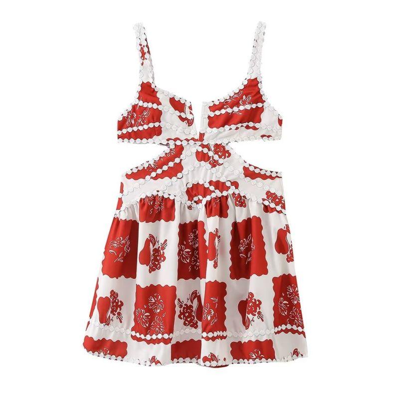 Kaslead New Arrival Women's Clothing Fashion Style Fashion Print Strap Lace A- line Cut Out Jumpsuit Skirt