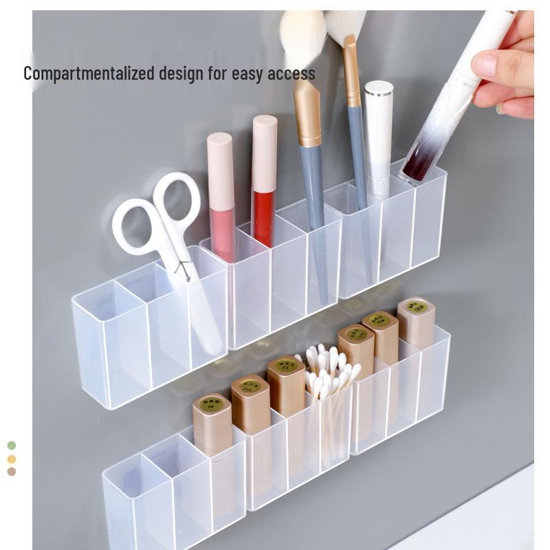 Wall-Mounted Makeup Organizer: No-Punch Translucent Tri-Compartment Eyebrow Pencil, Lipstick, and Brush Holder.