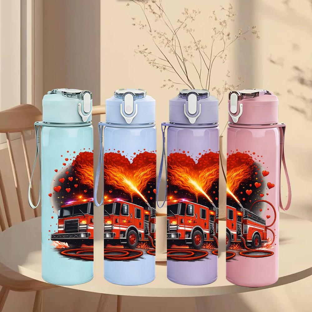 1PC Burning Fire Truck Art 750ml Color Plastic Sports Water Bottle Leakproof Flip Straw Lid Suitable for Sports Office Home Use