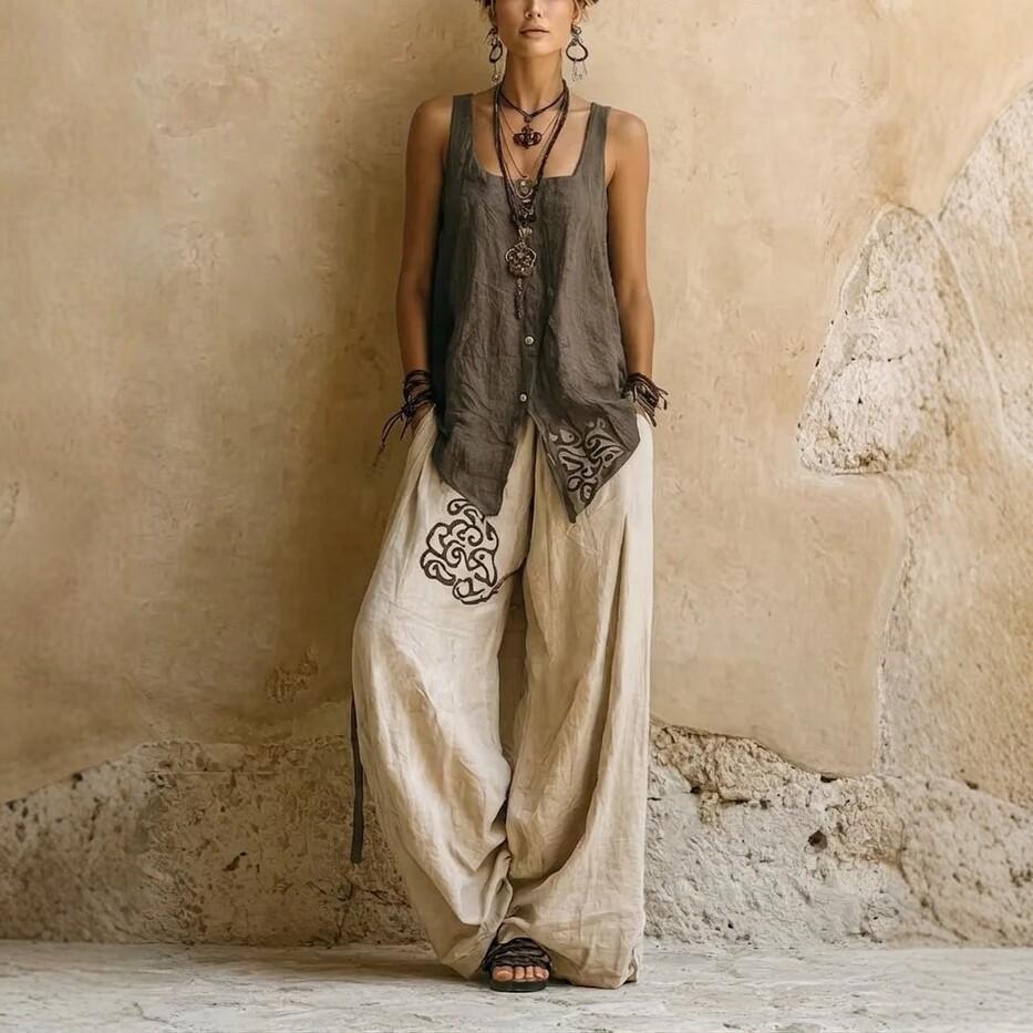 Bohemian Imitation Embroidered Wide-leg Pants Women's Summer High Waist Loose Casual Three-piece Suit Retro Fashion