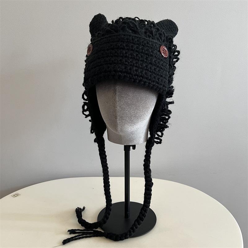 Cute Rabbit Ears Burr Feeling Hand Crocheted Male and Female Students Funny Cartoon Autumn and Winter Warm Pullover Hat