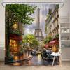 Rideau de douche de rue parisienne romantique - Tour Eiffel, Voitures anciennes, Rue pavée, Polyester, 12 crochets