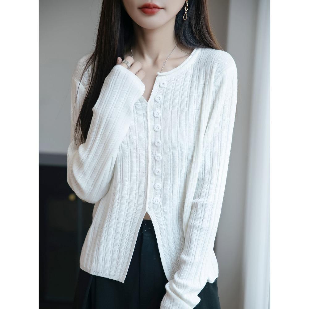 

Весенне-осенний трикотажный свитер с V-образным вырезом нового дизайна, женский базовый слой с разрезами на пуговицах, короткое пальто, свитер-топ M