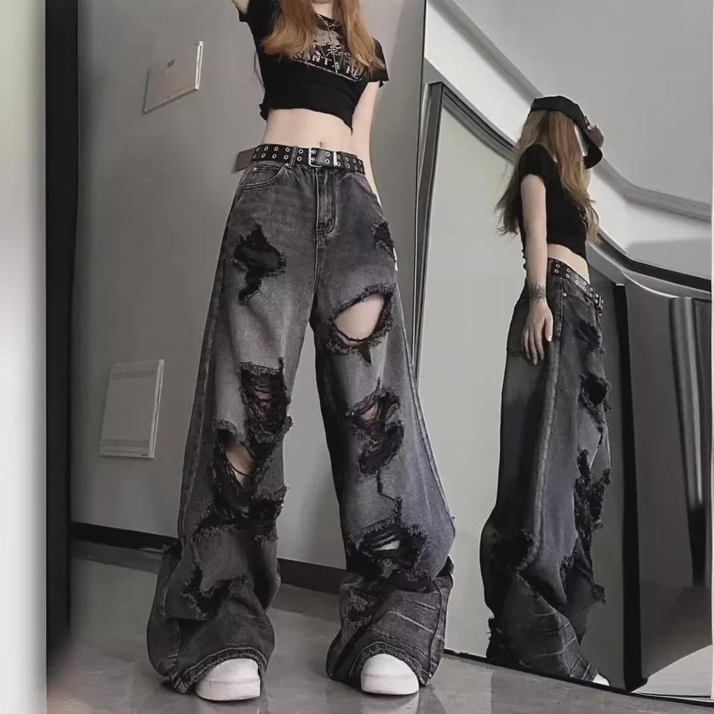 Zerrissene Sommerjeans für Damen im Used-Look: High Street American Style, weites Bein, lockere Passform, vielseitige lange Hose