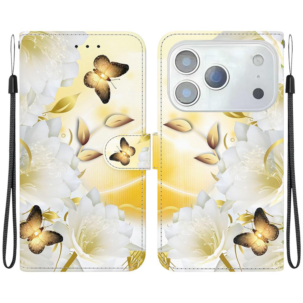 For iPhone 17 Pro Wallet Phone Case Anti-Drop Leather Flip Cover Pattern Printing with Strap