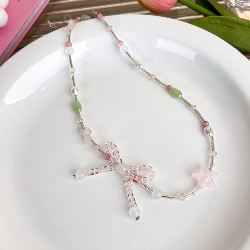 Bowknot Beaded Choker Colorful Beaded Necklaces Bowknot Necklace Artificial Crystal Material Gift for Girls Children
