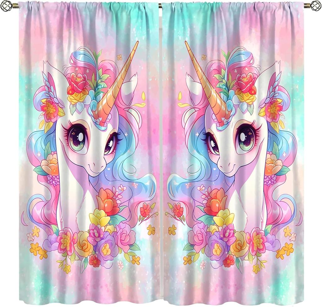 Purple Unicorn Curtains Girls Fantasy Mystery Fairytale Clouds Stars Magic Unicorns Window Drapes Kids Nursery Made Of Polyester