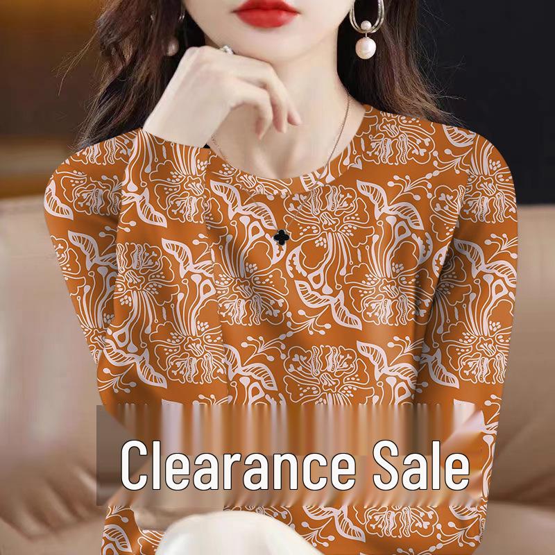 Plus Size Elegant Floral Long Sleeve Women s Top - Autumn Winter Milk Silk Round Neck 2XL (120-135 jin)