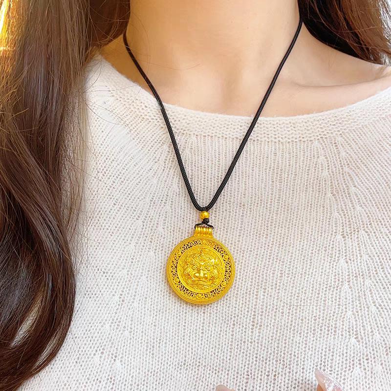 Вьетнамский золотой кулон-компас с единорогом: Древнее Пиксиу Filigree Круглый Диск Ожерелье