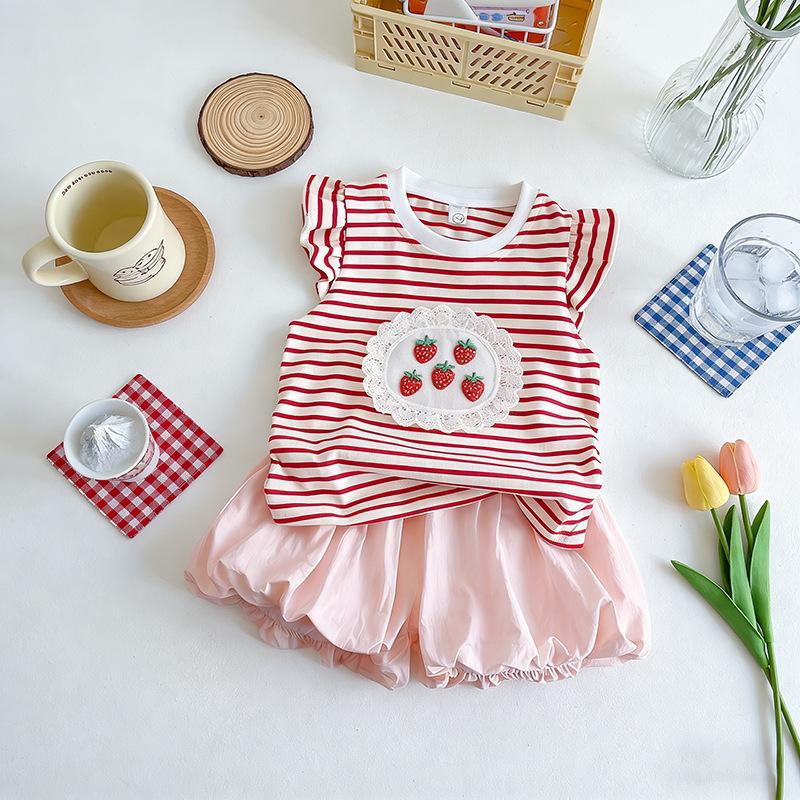 Summer Girls Dopamine Sweet Cartoon Striped Top With Bud Shorts Lace Trim Two Piece Set Cute Kids Outfit