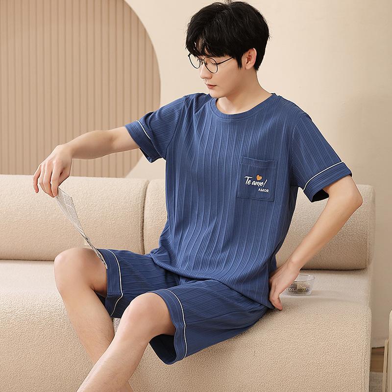 Cotton Sleepwear Loungewear Men's Big Size Long Sleeve Long Trousers Youth Nightwear Homewear Two Sets Cartoon Striped Pajamas