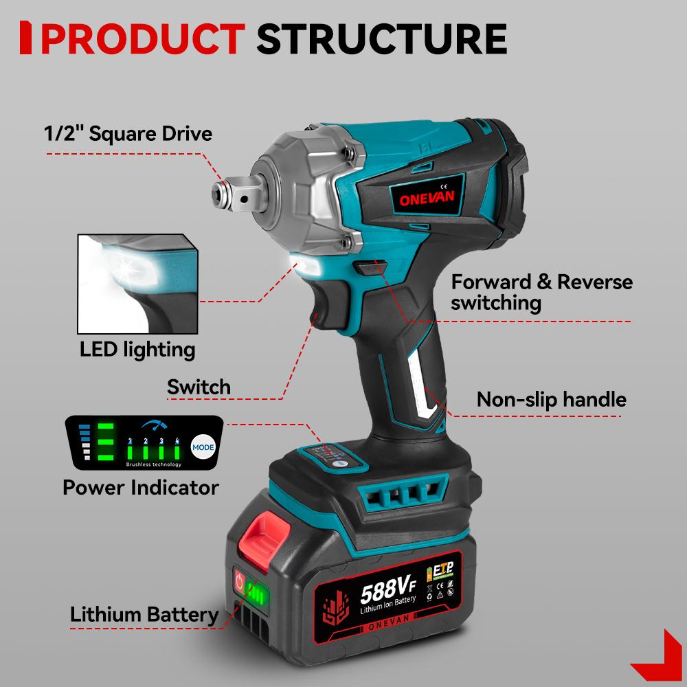 ONEVAN Torque Brushless Electric Impact Wrench 1/2 Inch Cordless Electric Wrench Power Tools For Makita 18V Battery