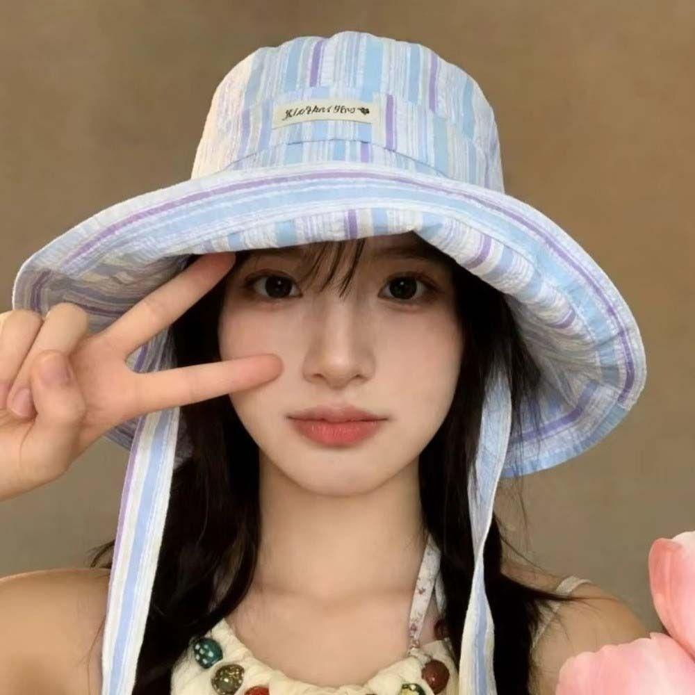 Lightweight Korean Striped Bucket Hat Lace-up Wide Brim Fisherman Hat Wide-edged Sun Hat Vacation