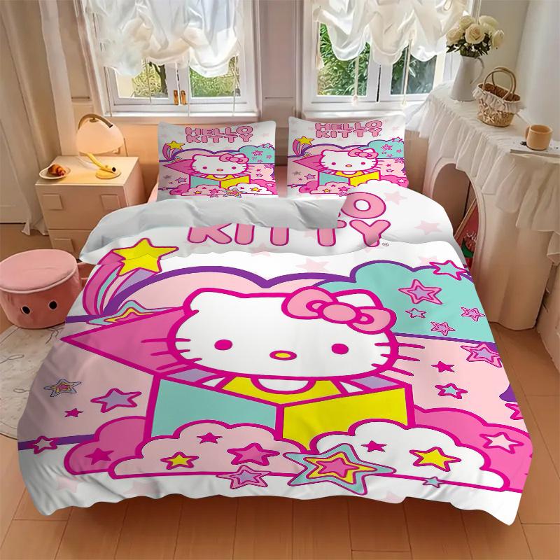 3pcs Hello Kitty with Stars and Clouds Print Bedding Set (1 Cover + 2 Pillowcases, Without Inserts),  Soft and Comfortable S041