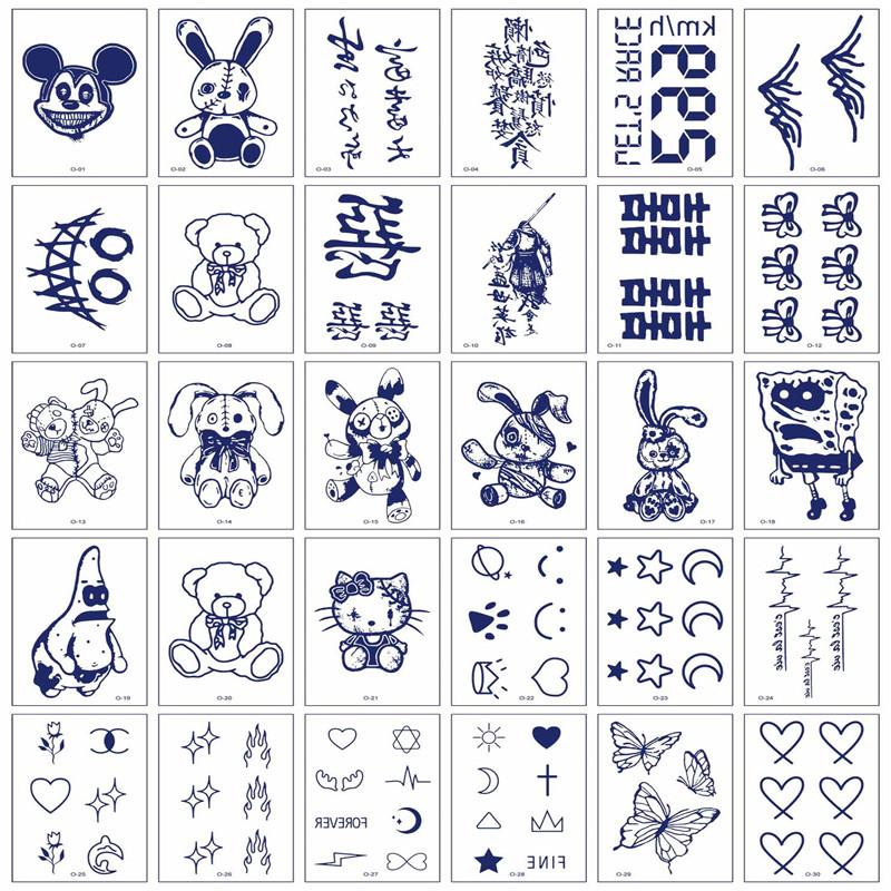 30pcs Ins Cartoon Love Flower Butterfly Snake Magic Tattoo Sticker Body Art Arm Fake Tattoos Waterproof Long Lasting English Letter Temporary Tattoo