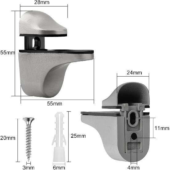 4Pcs Glass Shelf Brackets, Glass Clamp Wall-Mounted, Glass Shelf Holder, Floating Wood and Glass Bracket, Adjustable Glass Shelf Bracket For