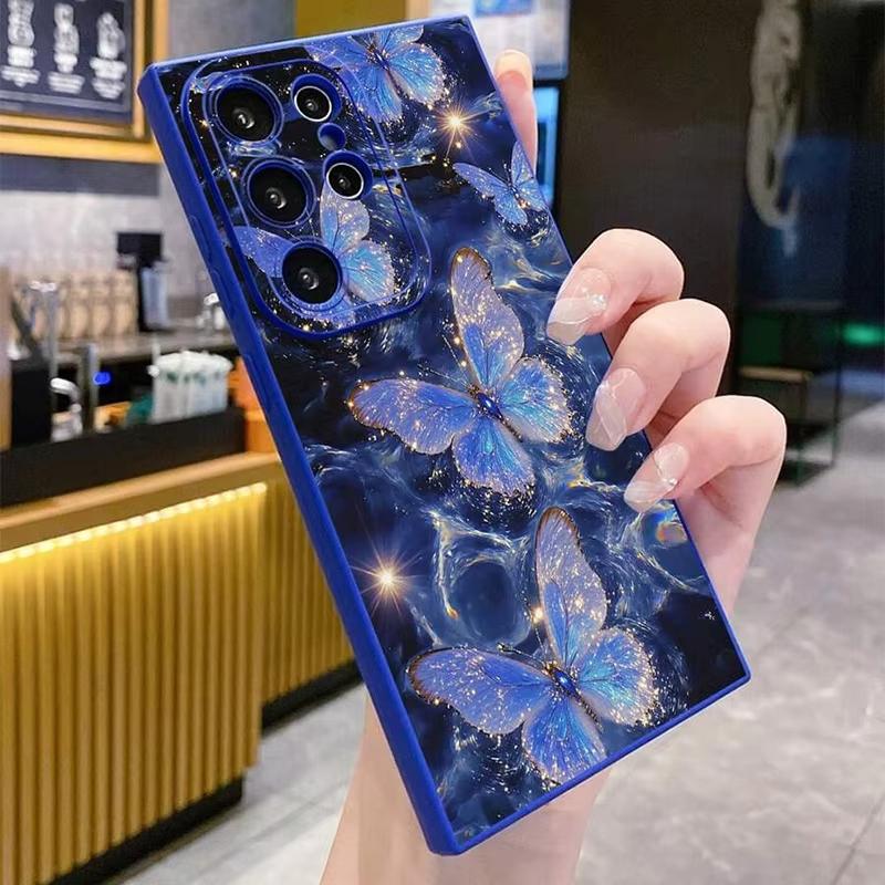 Shiny Blue Butterfly Printed Silicone Phone Case For Samsung Galaxy S26 Ultra S25 S24 S23 S22 Plus S20 S21 FE A16 A35 A55 Cover
