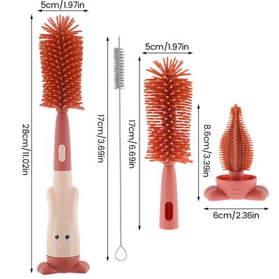 Sada 3 v 1 kartáčů na kojenecké lahve Kartáč na čištění lahví a saviček ze silikonu s dlouhou rukojetí se stojánkem Přenosný kartáček na čištění brček