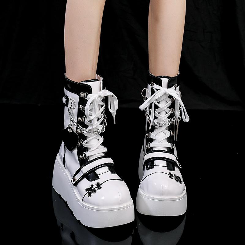 Fashion Metal Style Rock Women's Shoes Autumn New Thick-soled Boots Short Boots Heart-shaped Cross Metal Decoration Punk Style Gothic