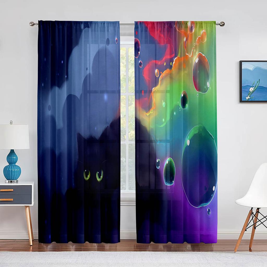 Lustige Cartoon Katze Tüllvorhänge für Wohnzimmer Schlafzimmer Dekoration Niedliche Kätzchen Tier Farbe Chiffon Transparent Voile Fenstergardine