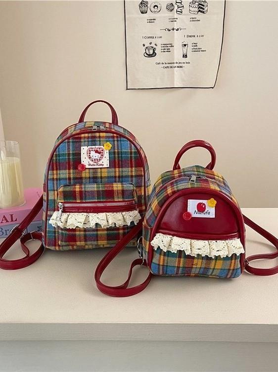 Vintage Red Plaid Kitty Backpack With Lace Detail For Daily Use