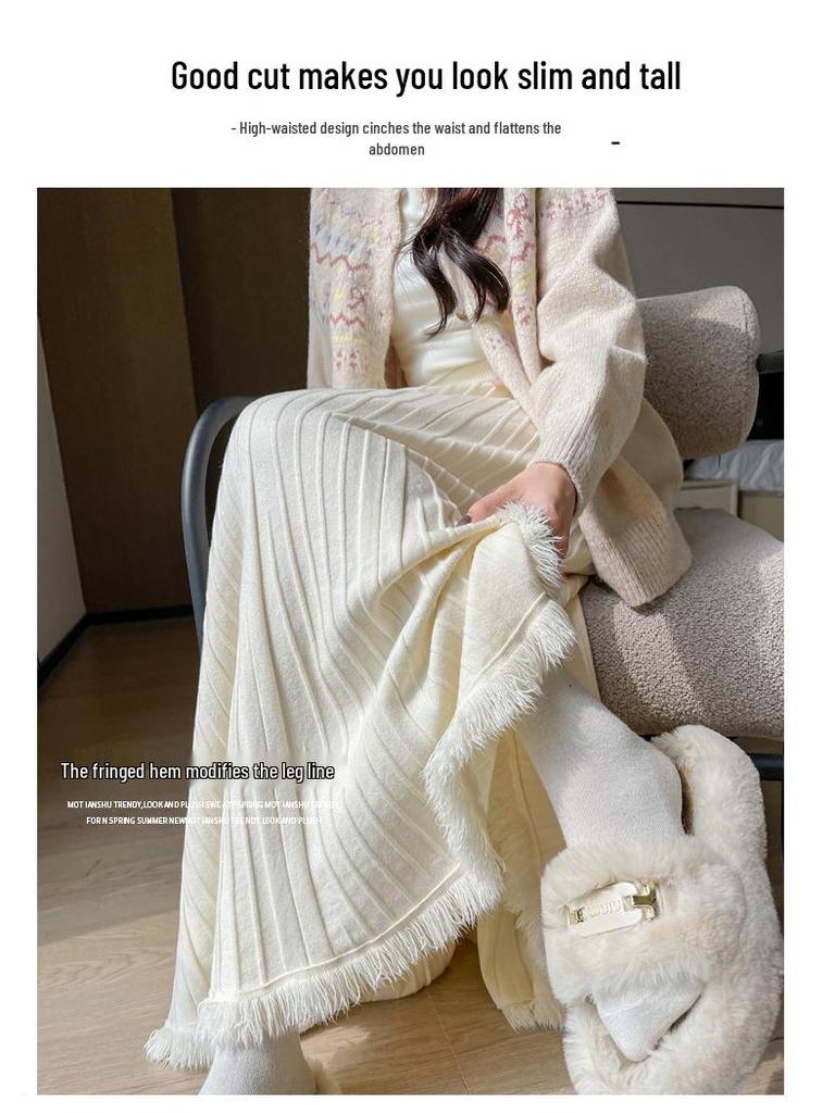 Autumn/Winter 2025 Women's High Waist Knit Pleated A-line Skirt with Tassels