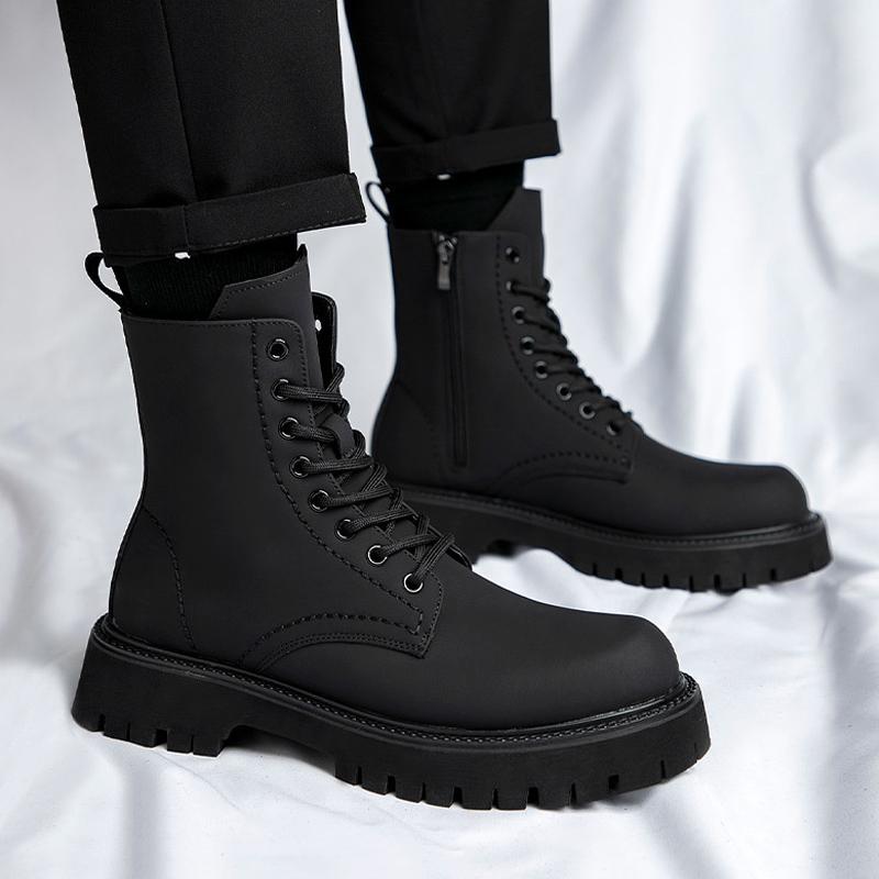 Spring Autumn Shoes Mens Fashion Single Boots Brand Male Ankle Boots Pure Black Non-slip Thick Sole