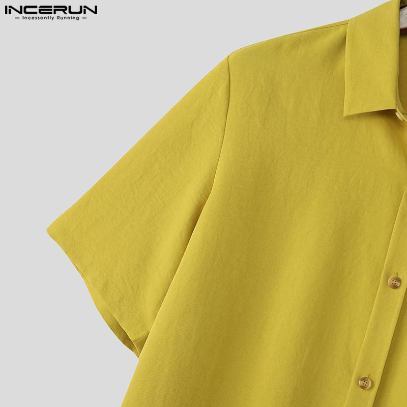 INCERUN Чоловічі сорочки-кейпи з лацканами, короткими рукавами, ґудзиками, рюшами, клаптиковою технікою, повсякденного стилю