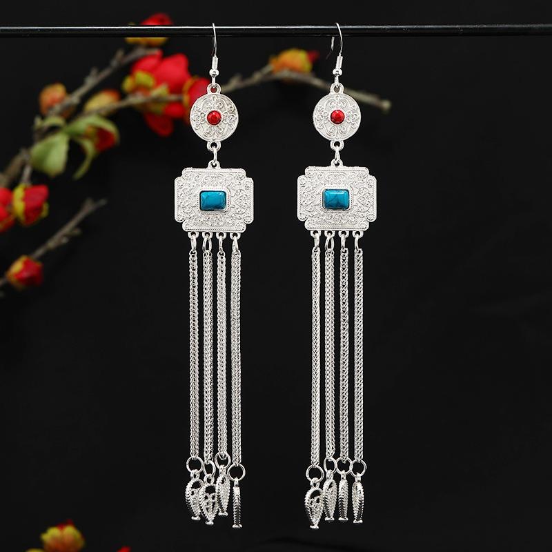 

Mongolian long fringed earrings women s retro turquoise silver earrings Tibetan exotic stage earrings
