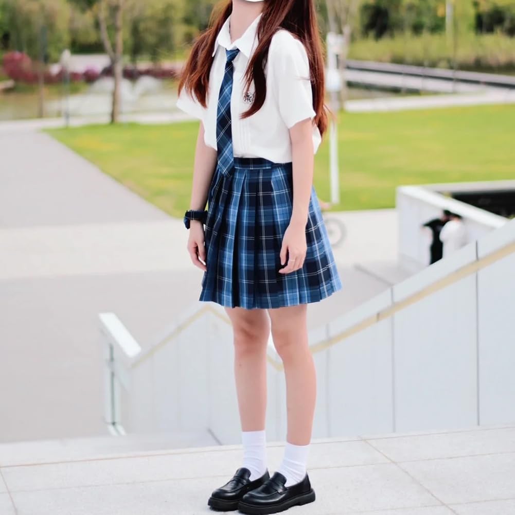 Limspace Sailor Uniform Perfect for Pleated Checkered Ribbon Halloween Short Long and Perfect for Amusement Entrance School and Cultural Blue Short