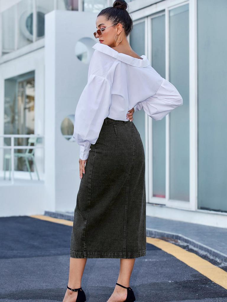 Women's European & American High Waist Irregular Slit Denim Long Skirt