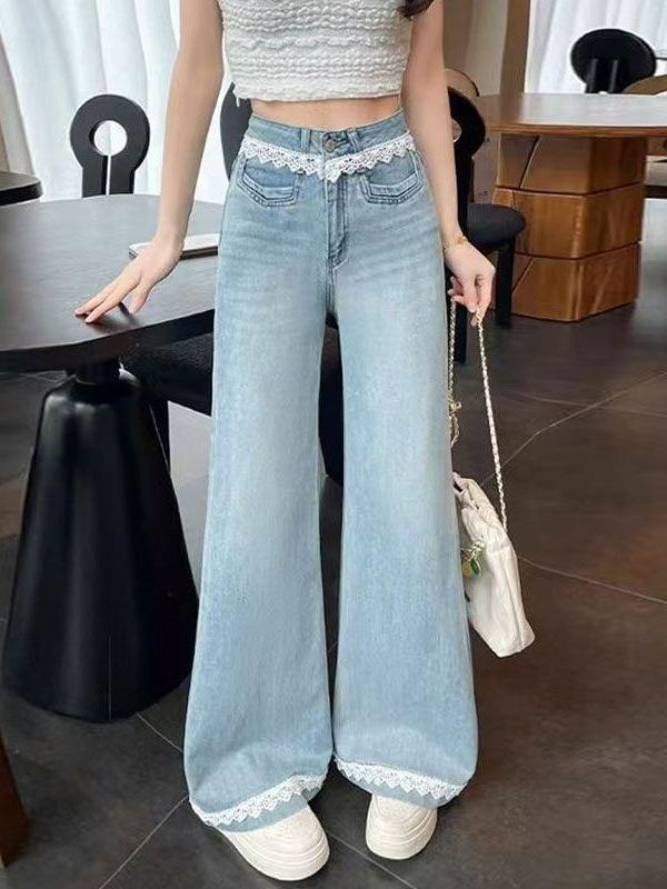 Lace lace splicing denim micro-pull trousers women's clothing mopping floor high waist fat mm loose large size wide leg flared trousers