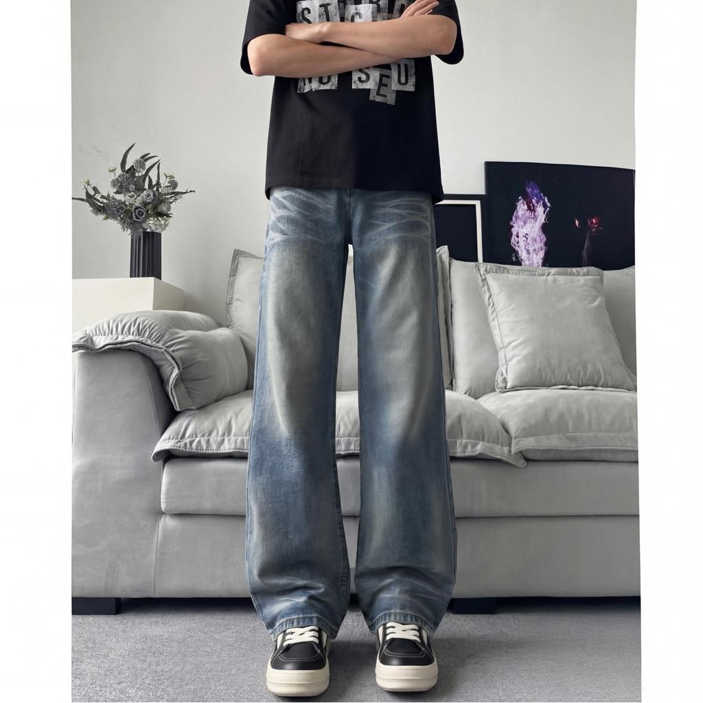Jeans men's baggy jeans loose and old washed light blue straight trousers American retro trendy brand