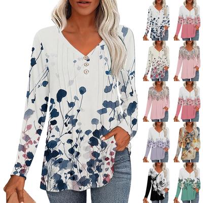 Fashion Tops Casual Pleated V-Neck Plant Print Long Sleeve T-Shirt